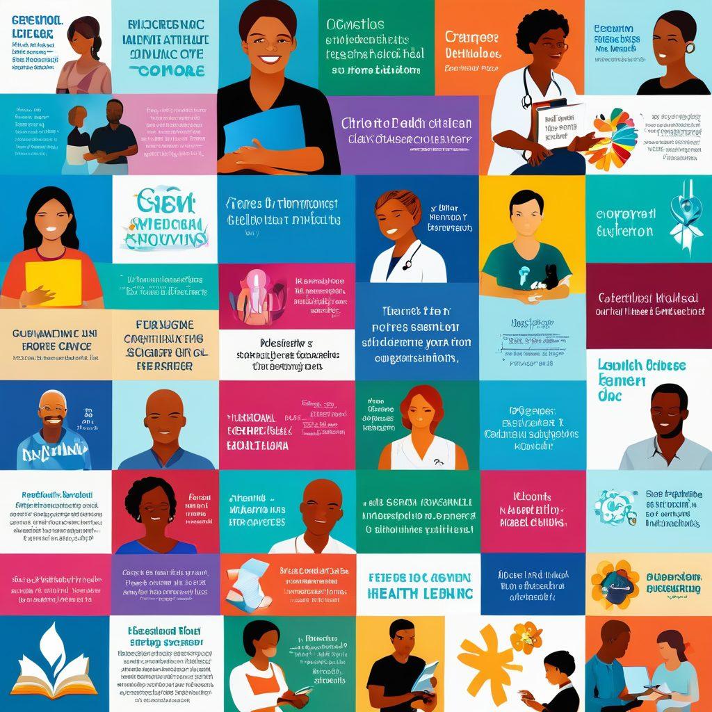 A collage of essential resources for cancer education, featuring a diverse group of people engaged in learning, support groups, and medical consultations. Include symbols of hope such as ribbons, books, and digital devices. Highlight vibrant colors to convey positivity and support. The background should be a soothing gradient, representing health and healing. super-realistic. vibrant colors. uplifting atmosphere.