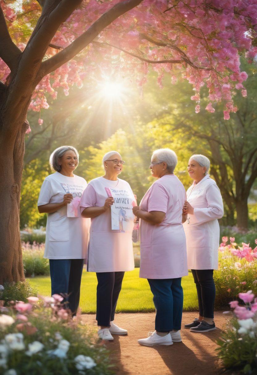 A powerful, uplifting scene depicting a diverse group of cancer survivors standing together in a vibrant garden, each holding symbols of hope such as flowers or ribbons. In the background, there are soft pastel-colored banners with messages of support and empowerment. The sunlight filters through the trees, casting a warm glow on their smiling faces. The atmosphere embodies strength, unity, and hope for those navigating tumor treatments. super-realistic. vibrant colors. soft focus.