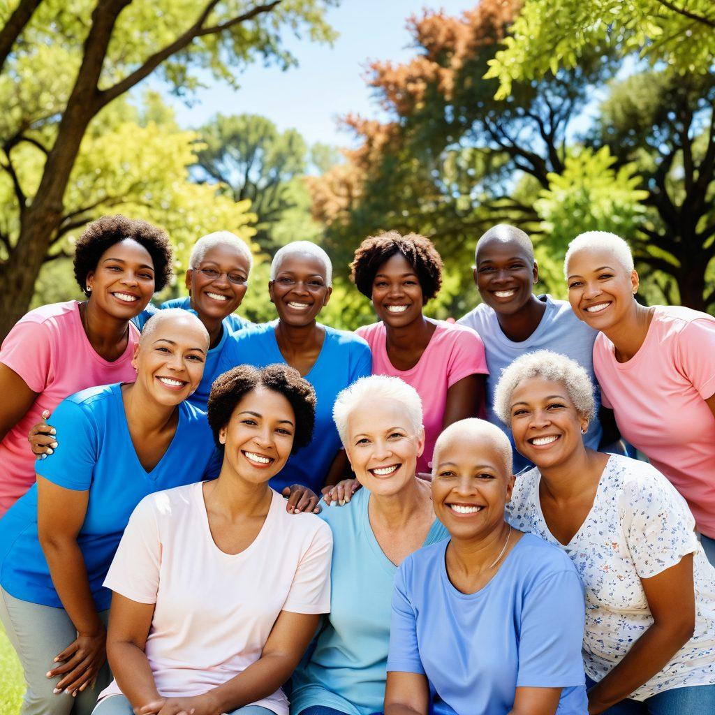 A diverse group of cancer survivors smiling and embracing each other in a serene park, with vibrant trees and flowers surrounding them, symbolizing hope and resilience. Include a small support group gathering in the background, showcasing shared stories and laughter. The sky is bright and blue, representing a new beginning. super-realistic. vibrant colors. soft focus.